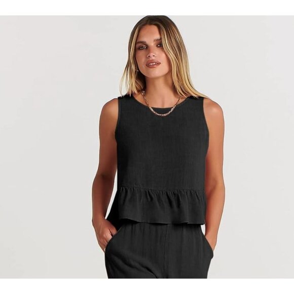 Prinbara Cropped Ruffle Tank Top Sleeveless Linen Blend Black XL - Picture 5 of 12